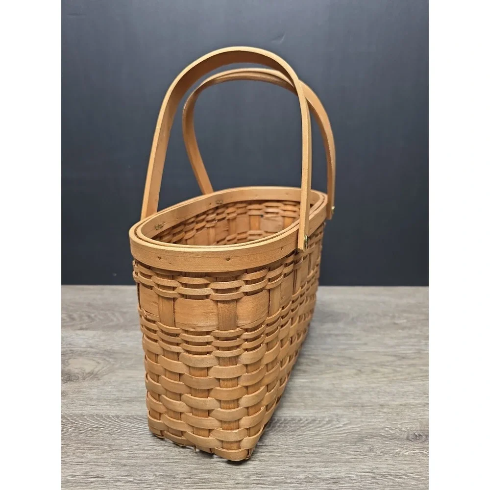 Vintage Double Handled Light Brown Wooden Basket 13.5x9x7 Rustic Home Decor